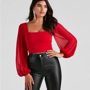 Windsor Vibrant Red Blouse with Sheer Sleeves
